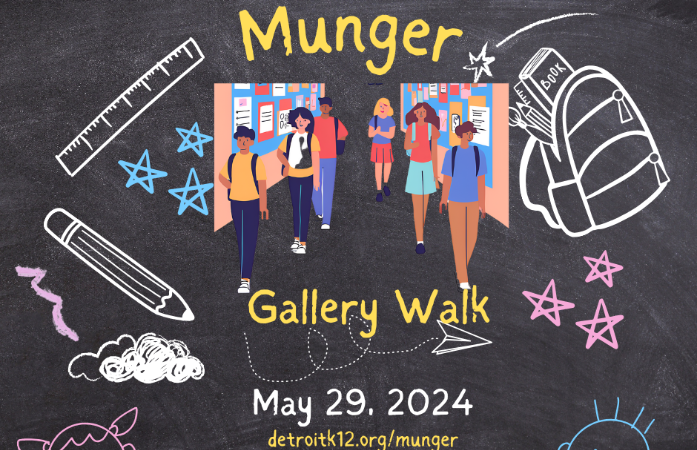  Title Munger Gallery Walk with image of students walking halls 
